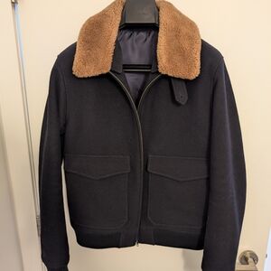 Suitsupply Navy Bomber Wool Jacket with Removable Brown Faux Shearling Collar